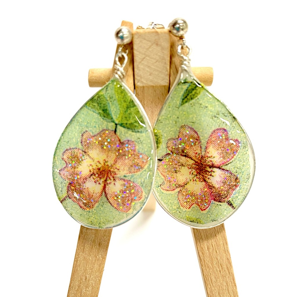 HANDMADE Mixed Media Floral Resin Art Sterling Silver Drop Earrings